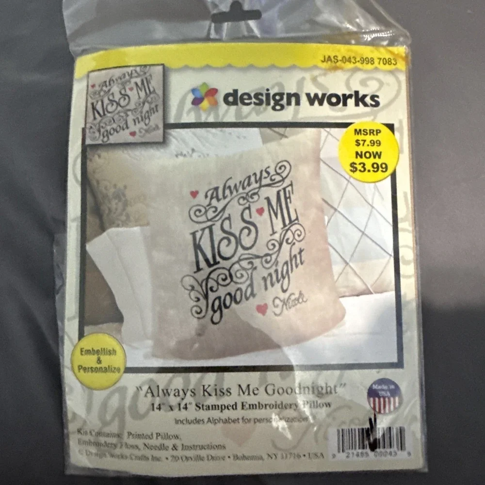 Always Kiss Me Goodnight Needlecraft Stamped Pillow Kit 14